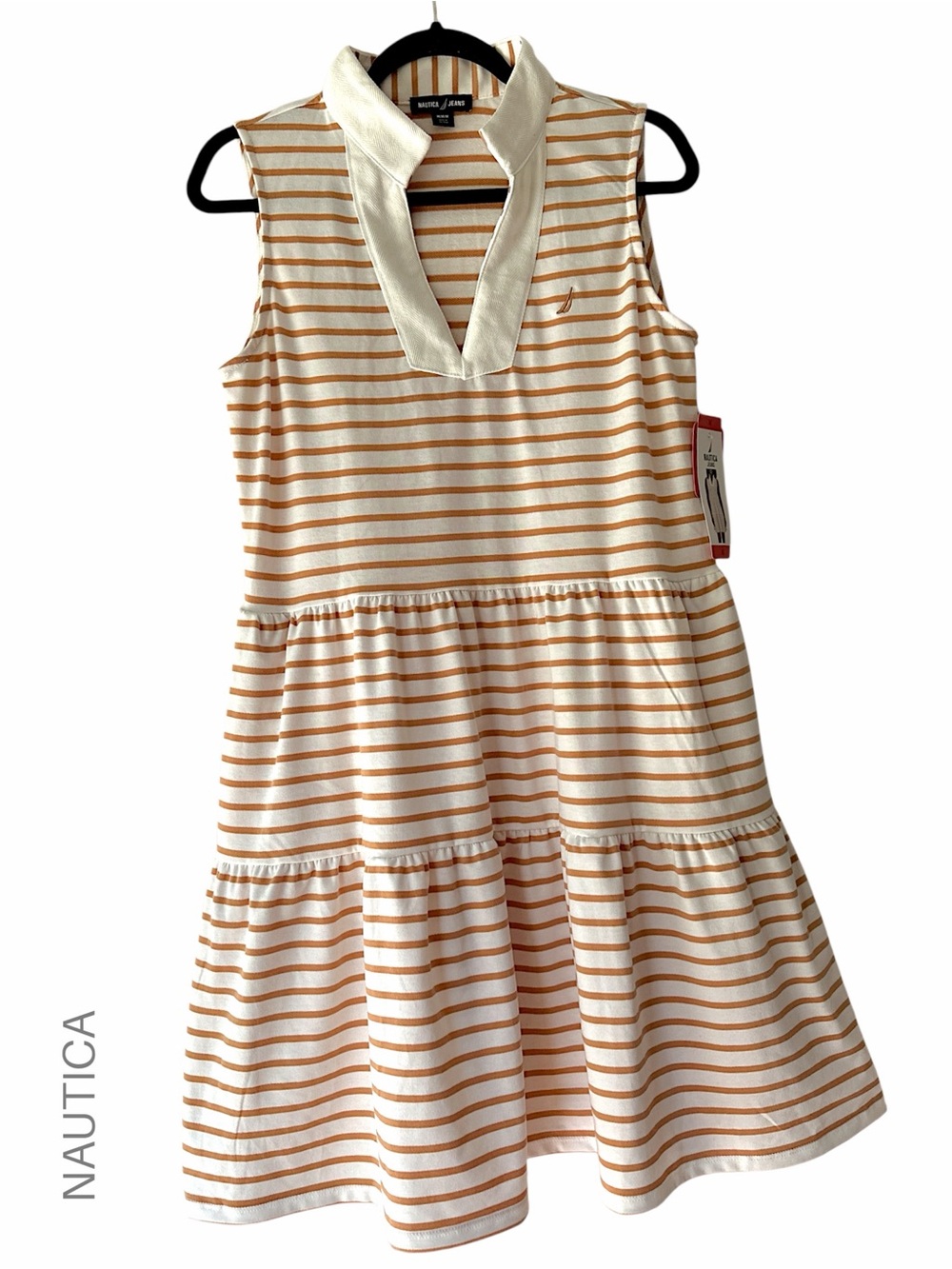 NWT NAUTICA STRIPED SLEEVELESS TIERED DRESS TAN WHITE STRETCH POCKETS | MEDIUM